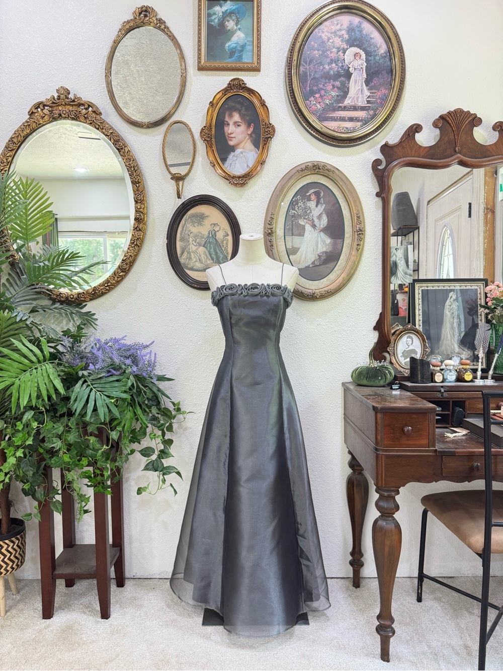 Strapless Charcoal Gray A-Line Evening Gown